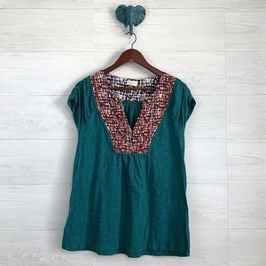 Meadow Rue Anthro Split Neck Teal Green Top